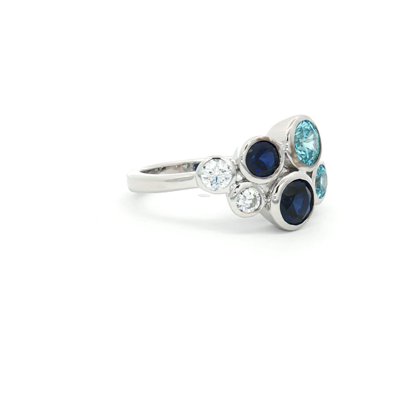 Eight Stone Bezel Bubble Ring with Sapphire and Aqua Marine Stones