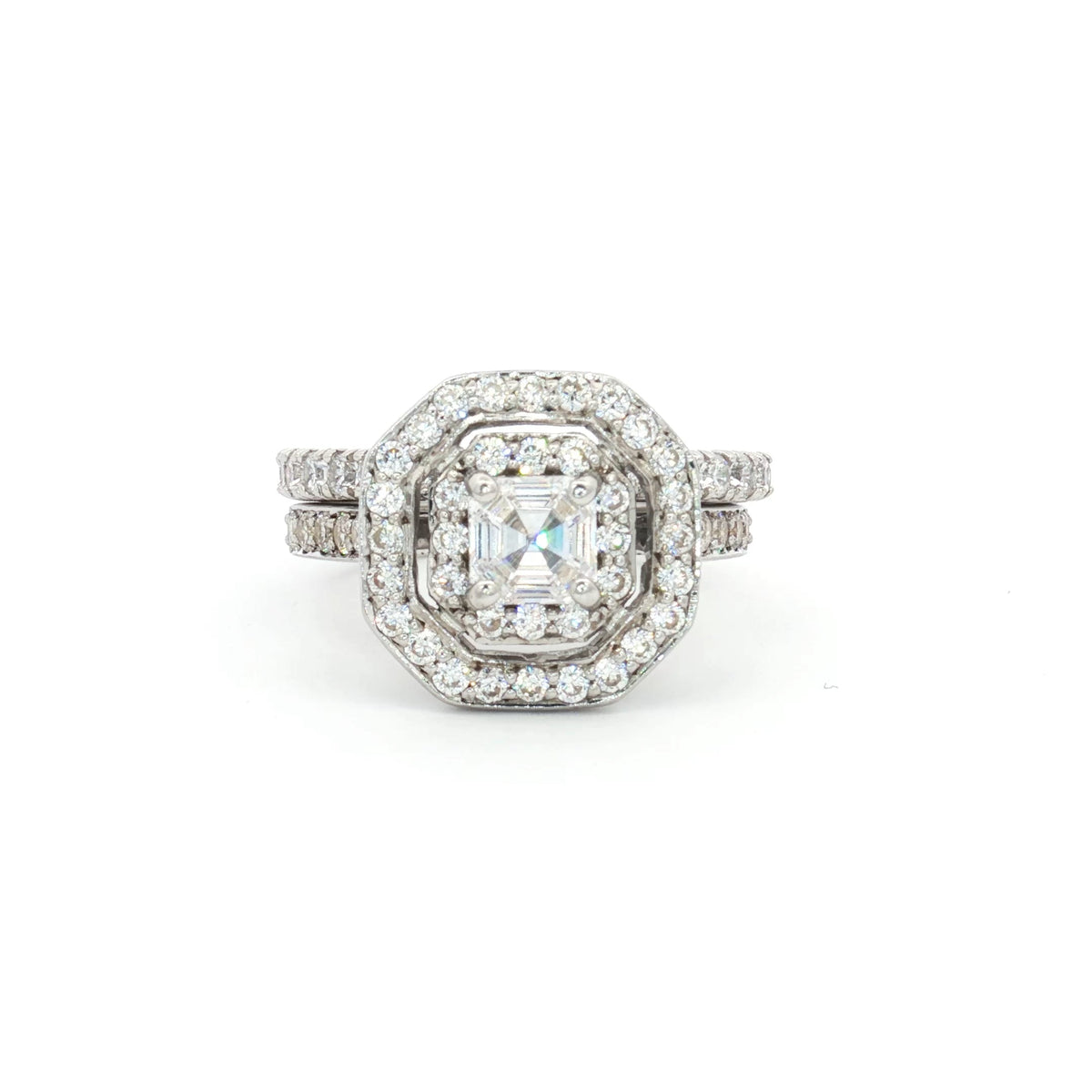 Asscher Cut Double Halo Ring and Brilliant Cut Matching Band