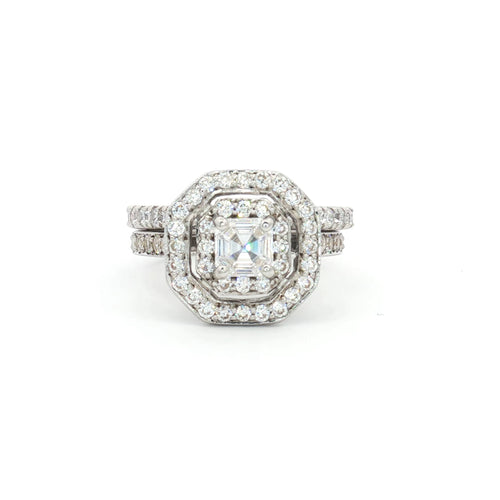 Asscher Cut Double Halo Ring and Brilliant Cut Matching Band
