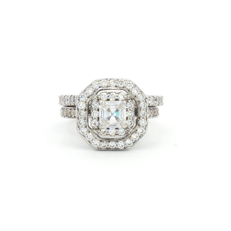 Asscher Cut Double Halo Ring and Brilliant Cut Matching Band
