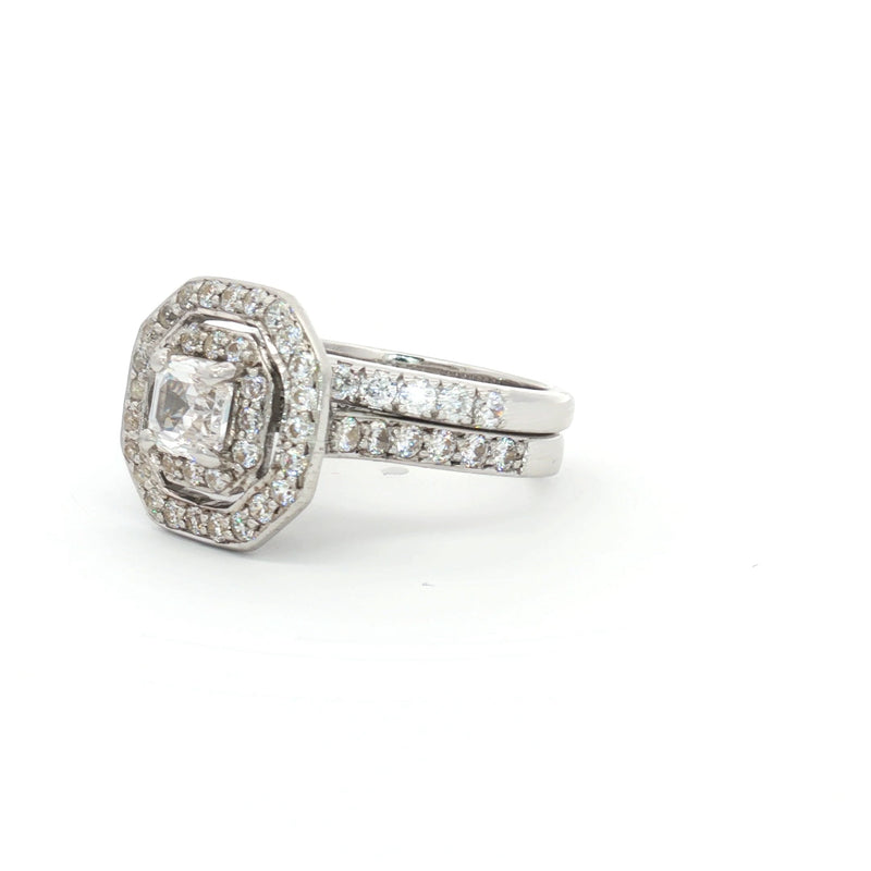 Asscher Cut Double Halo Ring and Brilliant Cut Matching Band