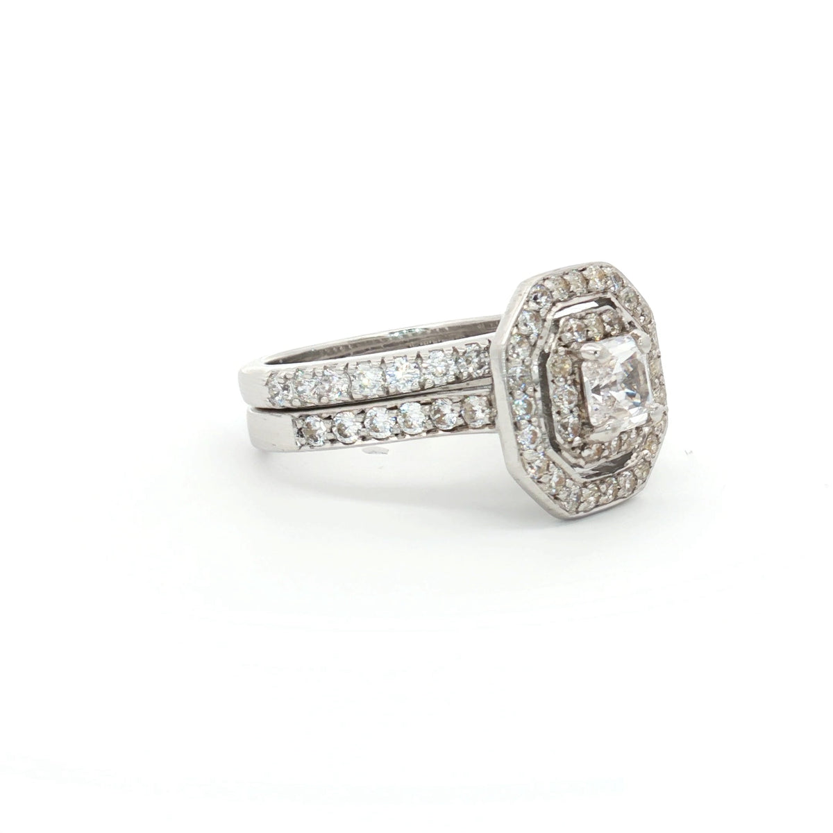 Asscher Cut Double Halo Ring and Brilliant Cut Matching Band