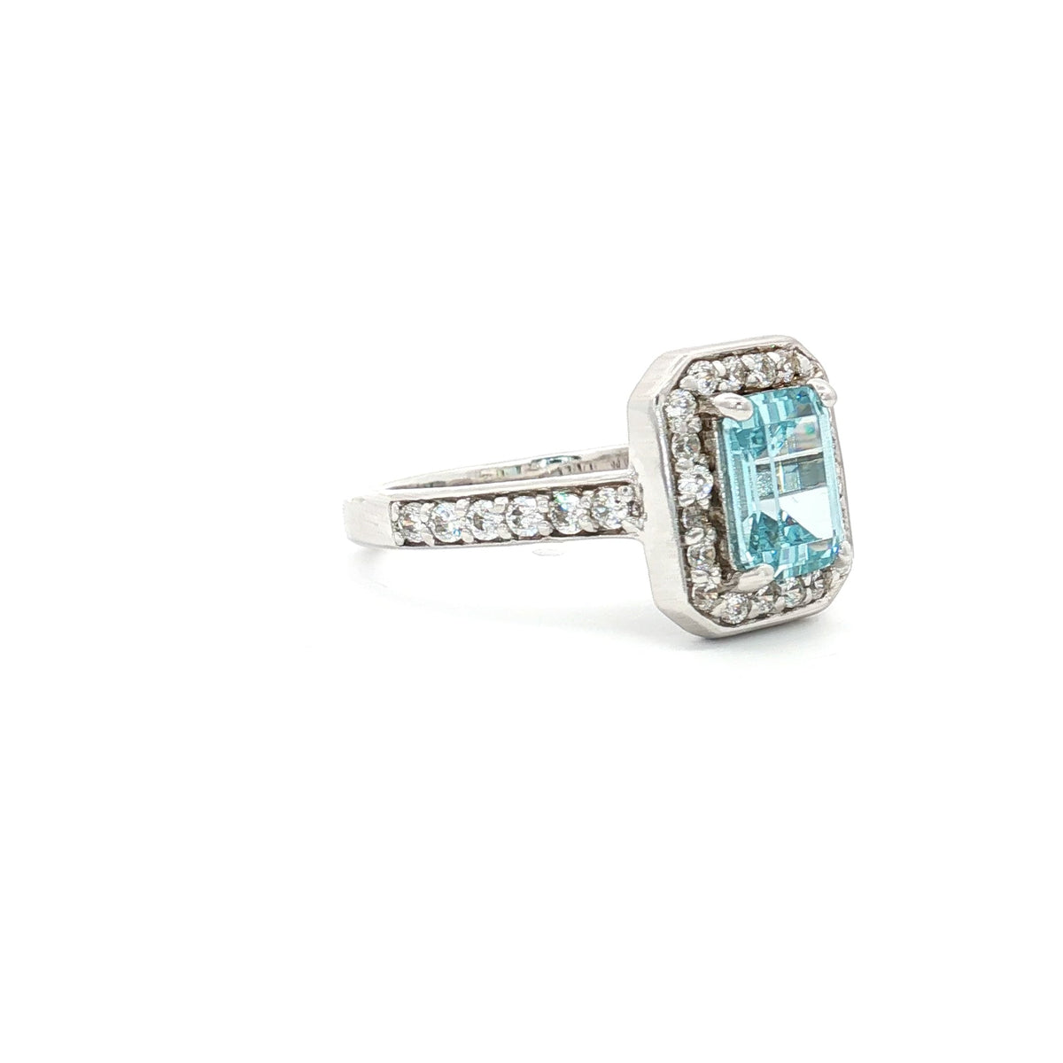 Emerald Cut Halo with Aqua Marine Stone