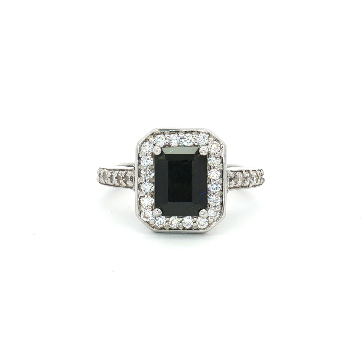 Emerald Cut Halo with Black Stone