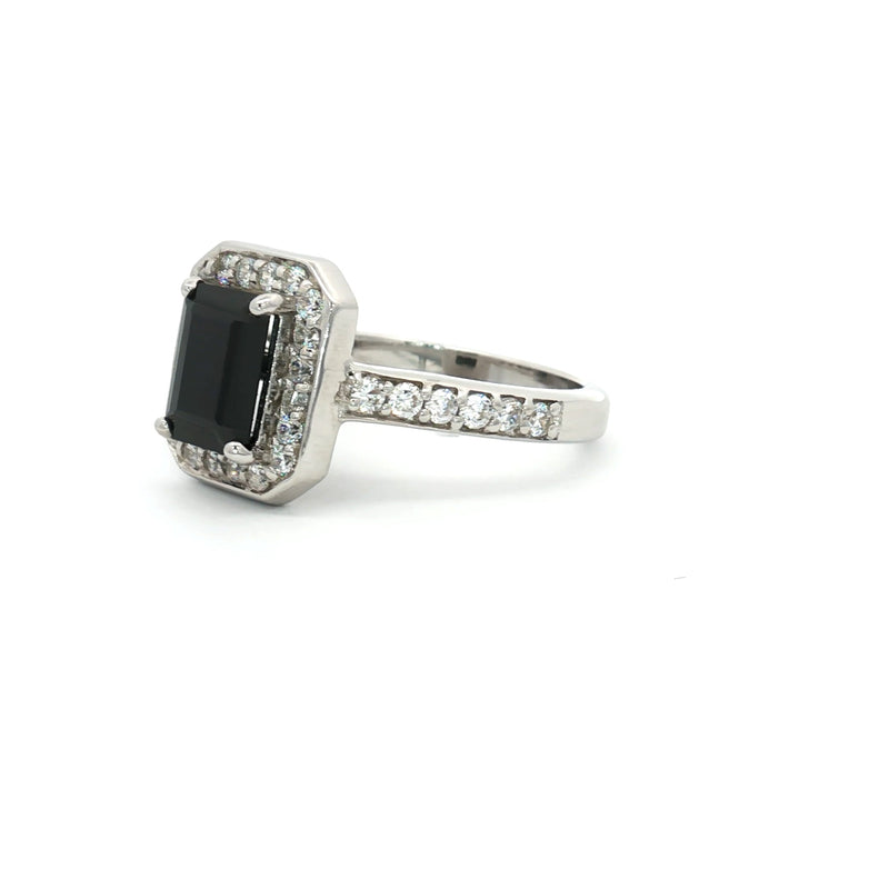 Emerald Cut Halo with Black Stone