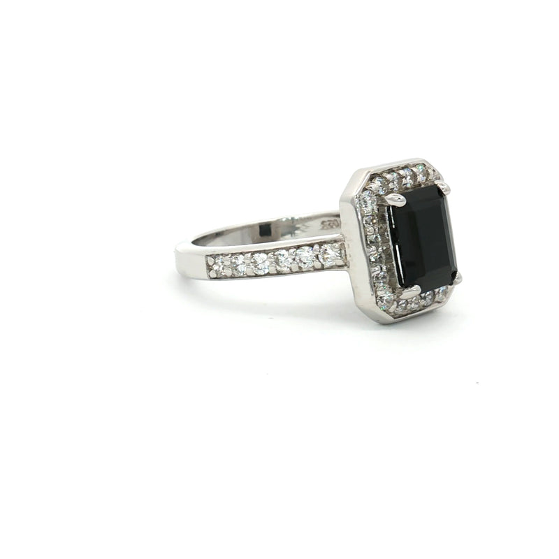 Emerald Cut Halo with Black Stone