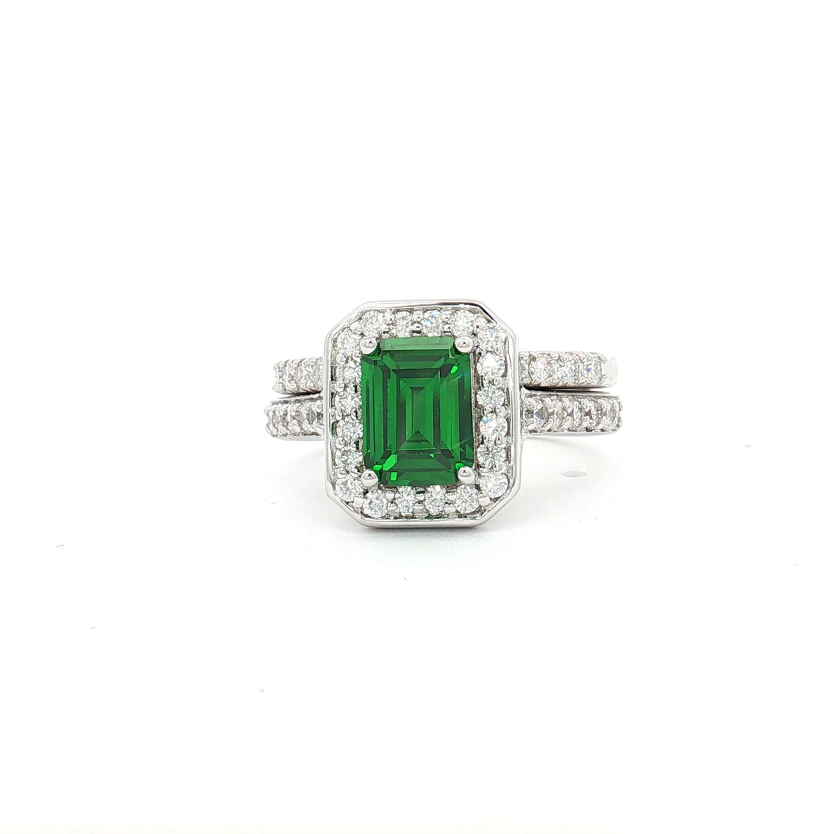 Emerald Cut Emerald colour Halo with  Matching Band