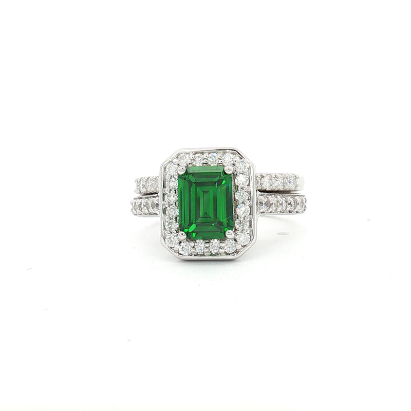 Emerald Cut Emerald colour Halo with  Matching Band