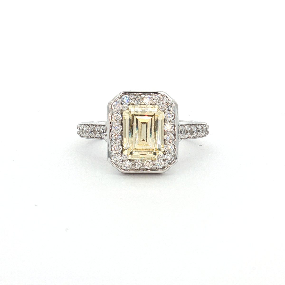 Emerald Cut Halo with Yellow Stone