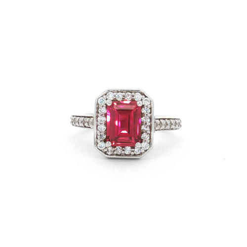 Emerald Cut Halo with Ruby Stone
