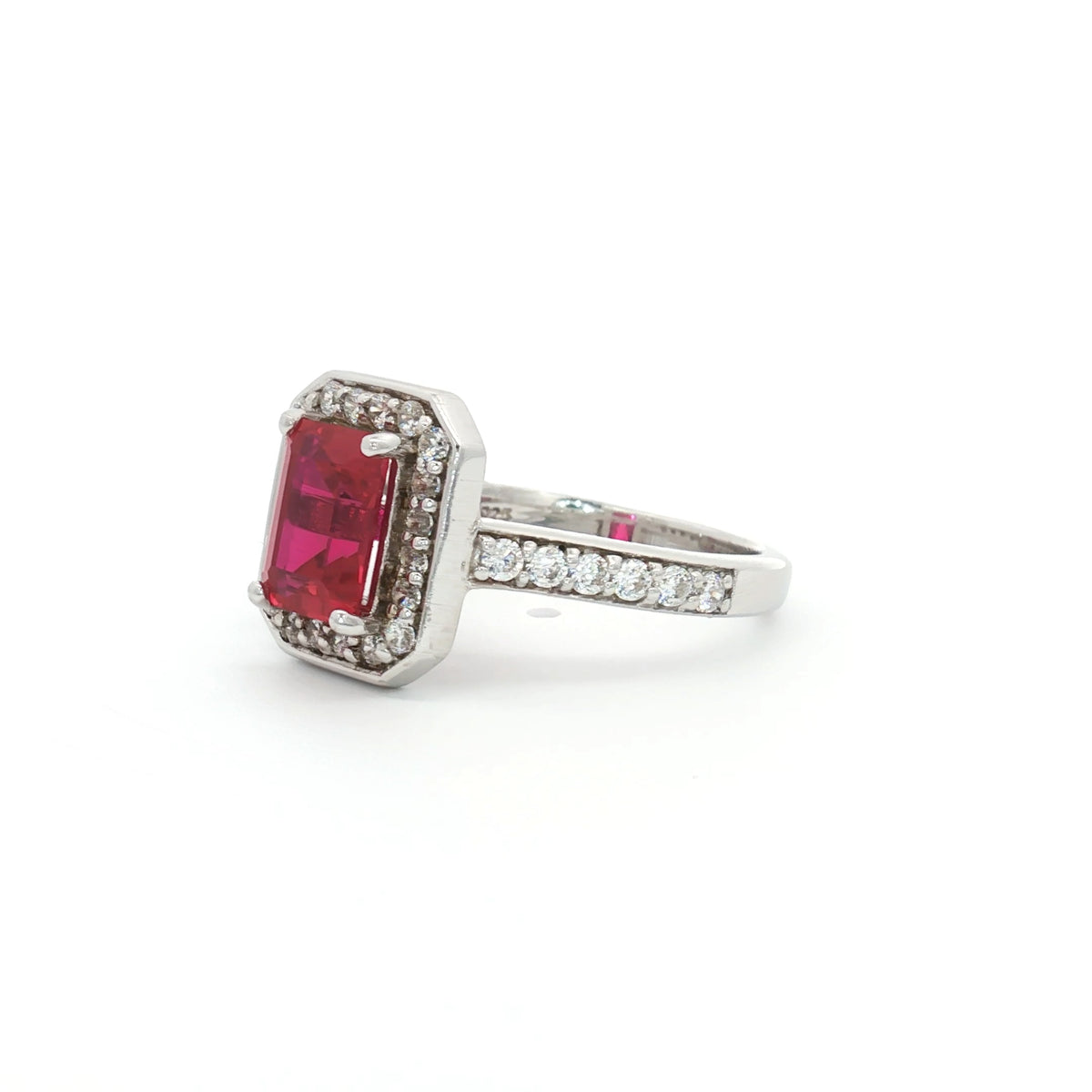 Emerald Cut Halo with Ruby Stone