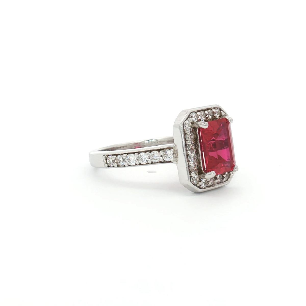 Emerald Cut Halo with Ruby Stone