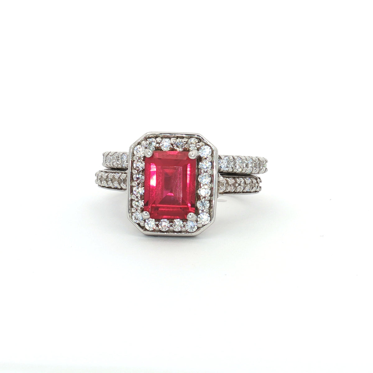Emerald Cut Ruby  colour Halo with  Matching Band