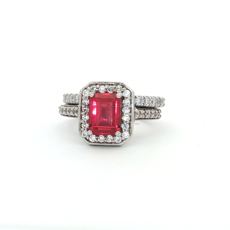 Emerald Cut Ruby  colour Halo with  Matching Band