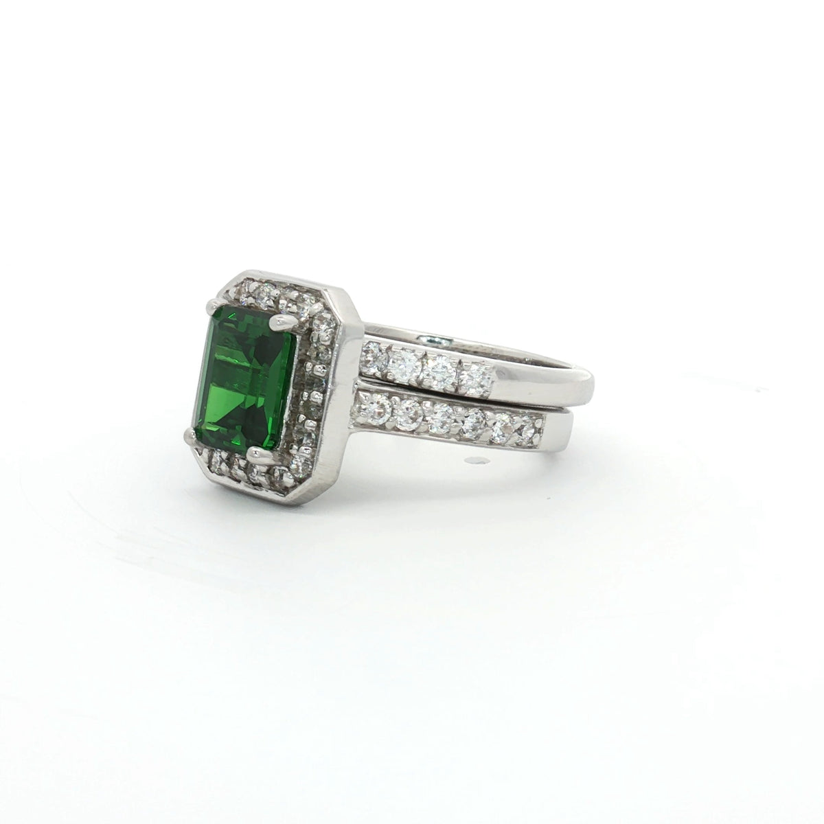 Emerald Cut Emerald colour Halo with  Matching Band