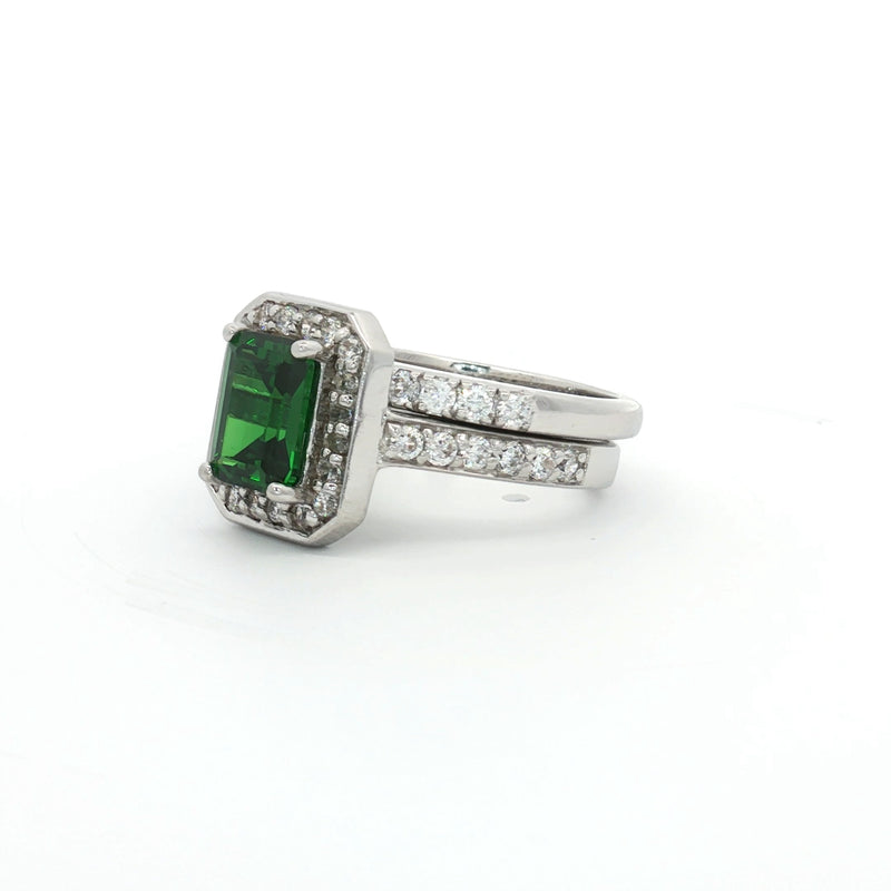 Emerald Cut Emerald colour Halo with  Matching Band