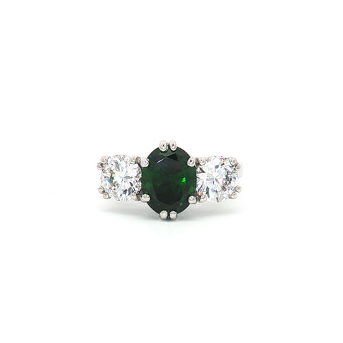 Oval Cut Ring with Two Brilliant Side Stones with Emerald Centre Stone