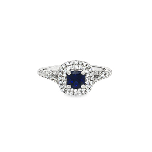 Petite Cushion Cut Double Halo Ring with Sapphire Centre Stone