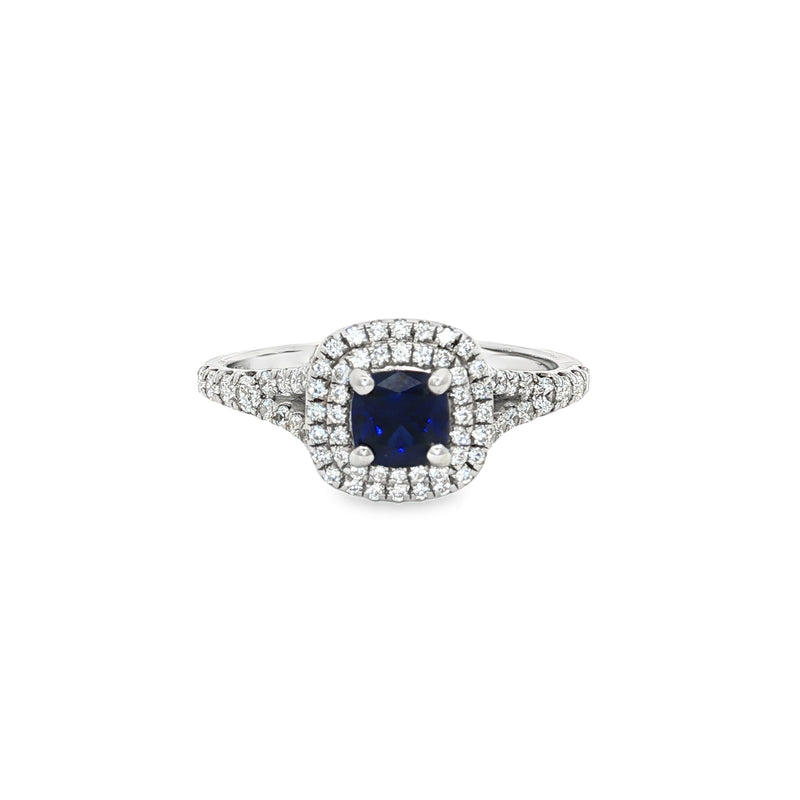 Petite Cushion Cut Double Halo Ring with Sapphire Centre Stone