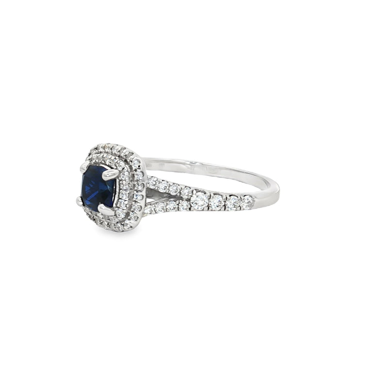 Petite Cushion Cut Double Halo Ring with Sapphire Centre Stone