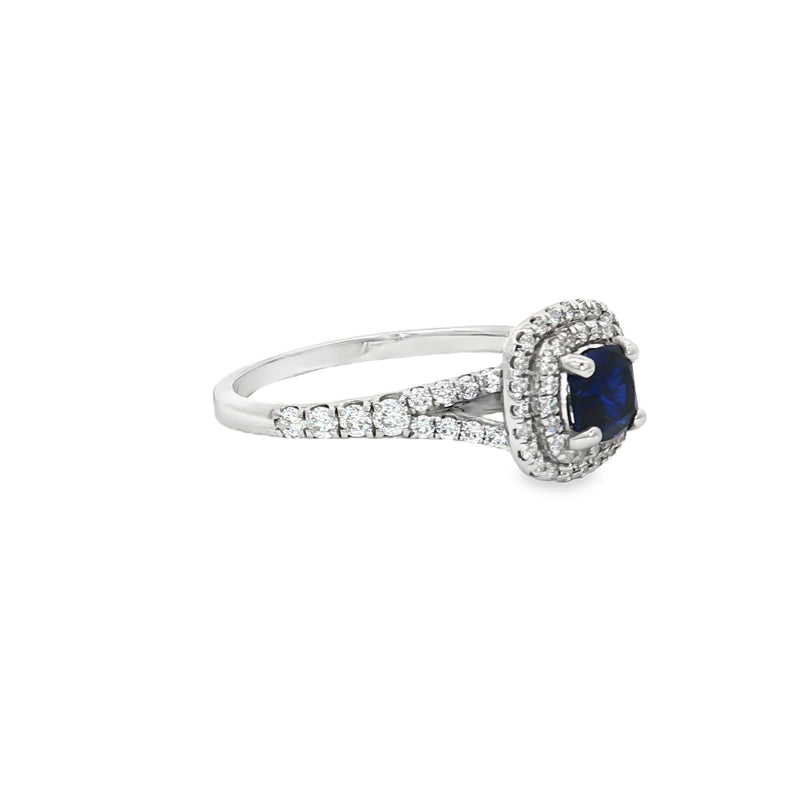 Petite Cushion Cut Double Halo Ring with Sapphire Centre Stone