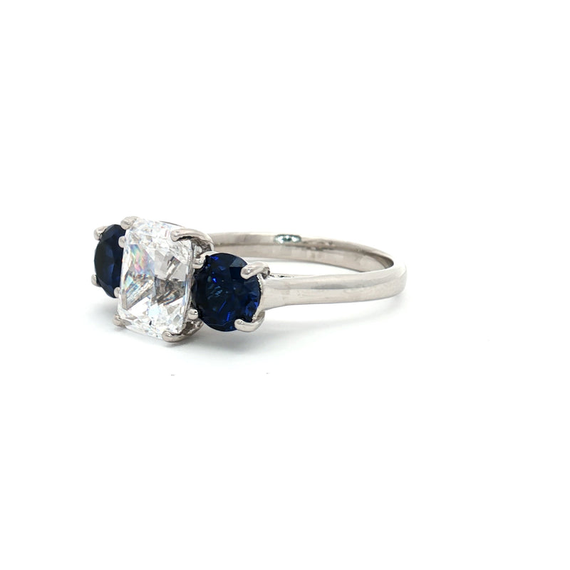 Radiant Cut Ring with Two Brilliant Side Stones and Sapphire Centre Stone