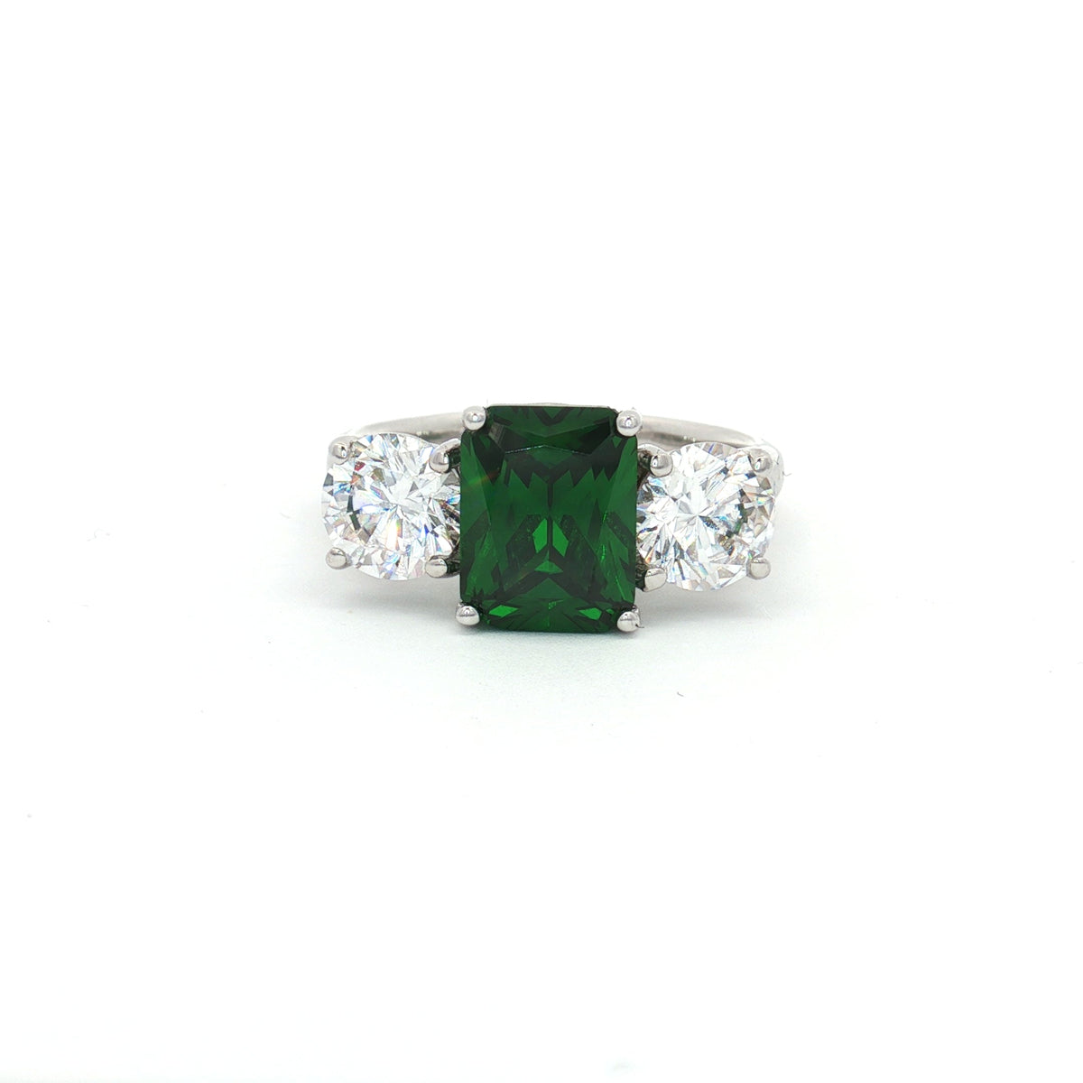 Radiant Cut Ring with Two Brilliant Side Stones and Emerald Centre Stone