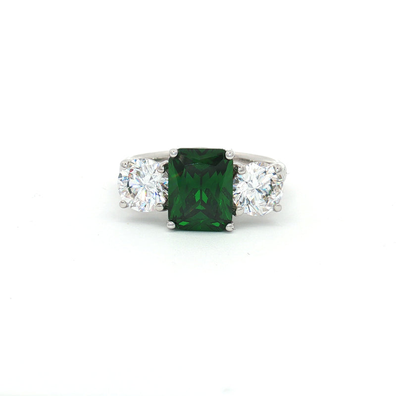 Radiant Cut Ring with Two Brilliant Side Stones and Emerald Centre Stone