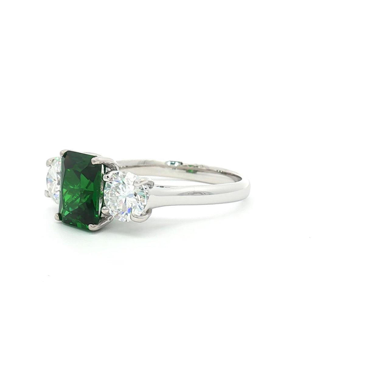 Radiant Cut Ring with Two Brilliant Side Stones and Emerald Centre Stone