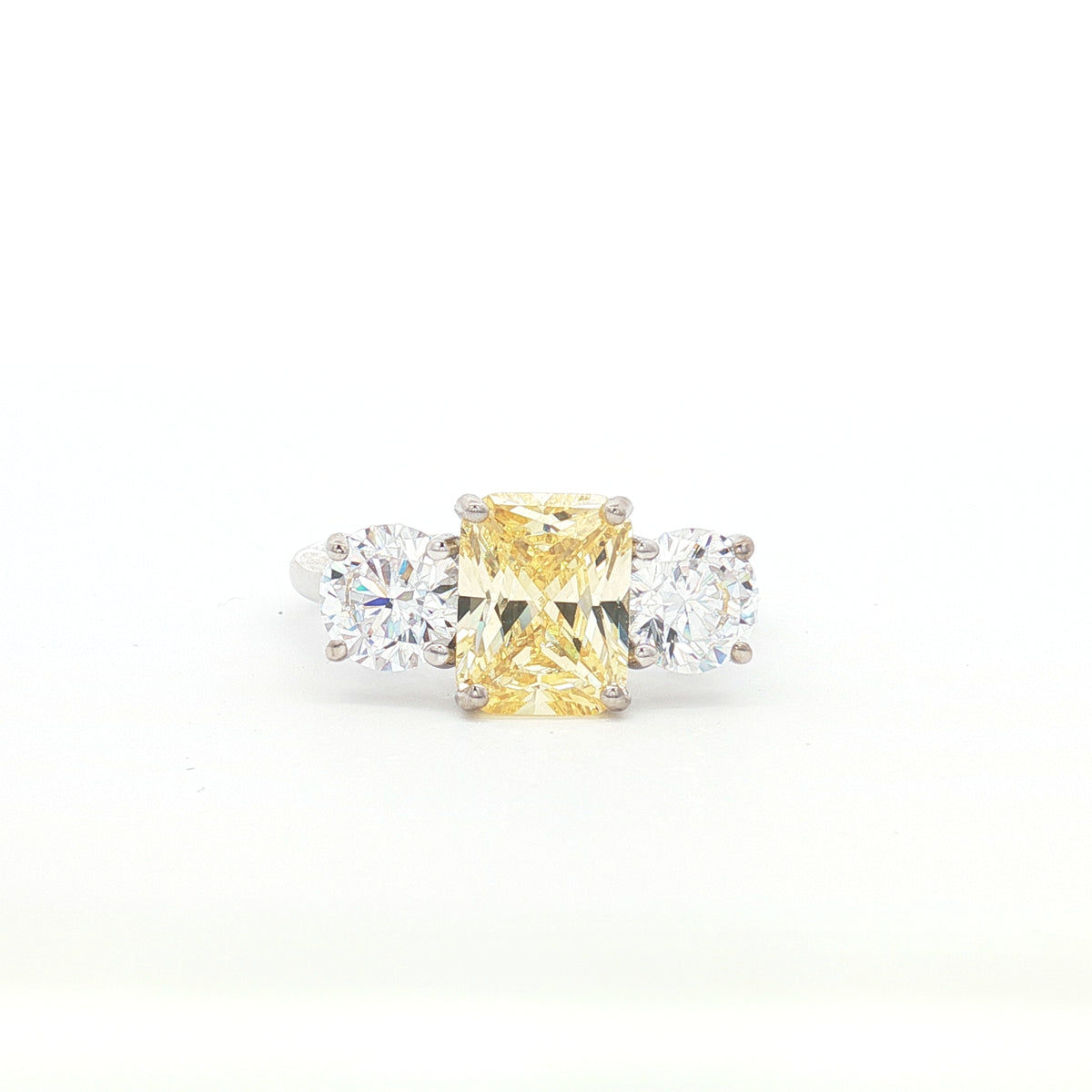 Radiant Cut Ring with Two Brilliant Side Stones and yellow Centre Stone