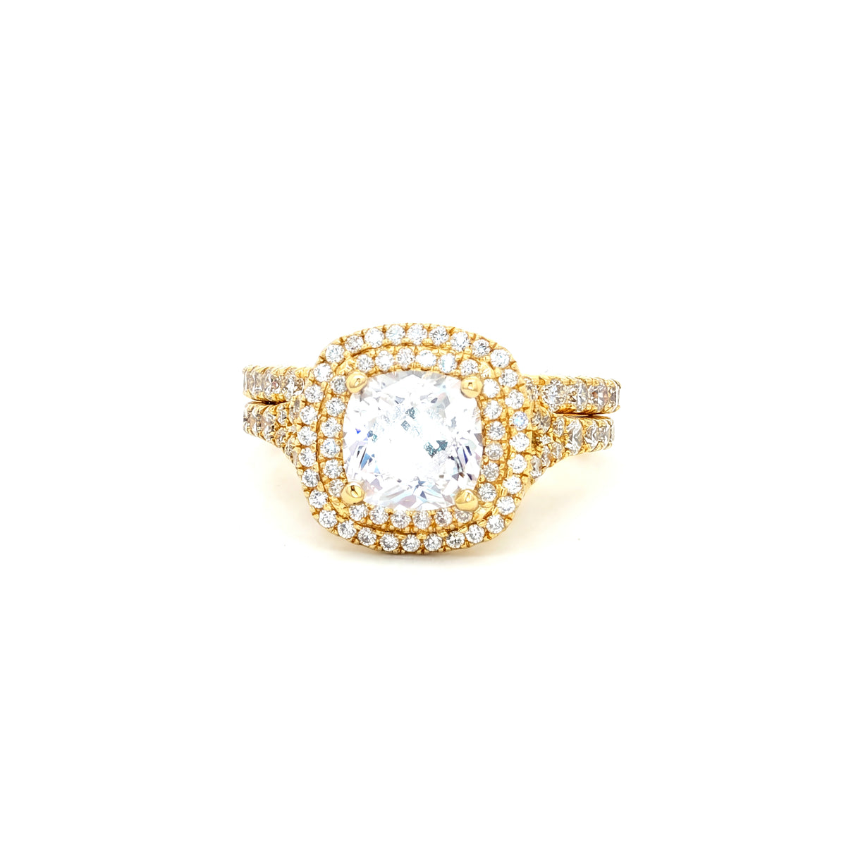 Cushion Double Cut Halo Ring and Brilliant Cut Matching Band