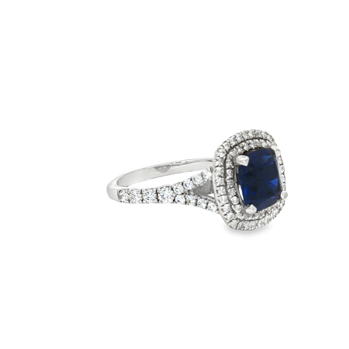 Cushion Double Cut Halo Ring with Sapphire Centre Stone