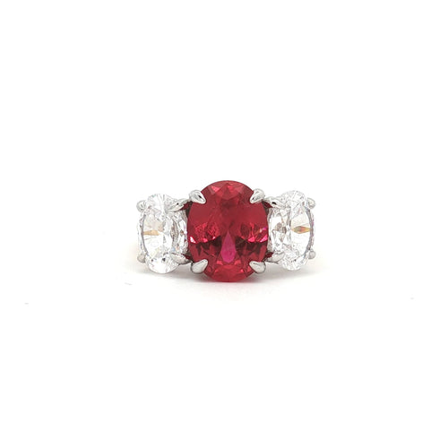 Large Three Stone Oval with Ruby Centre Stone in Yellow Gold
