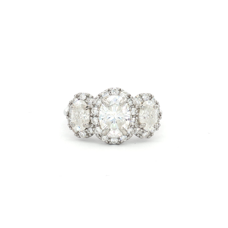 Three Stone Oval Halo Ring