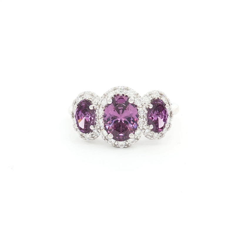 Three Stone Oval Halo Ring with Amethysts