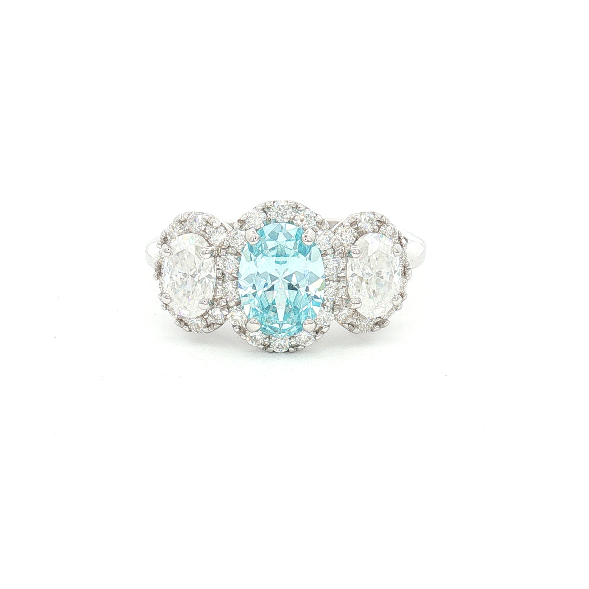 Three Stone Oval Halo Ring Aqua Marine