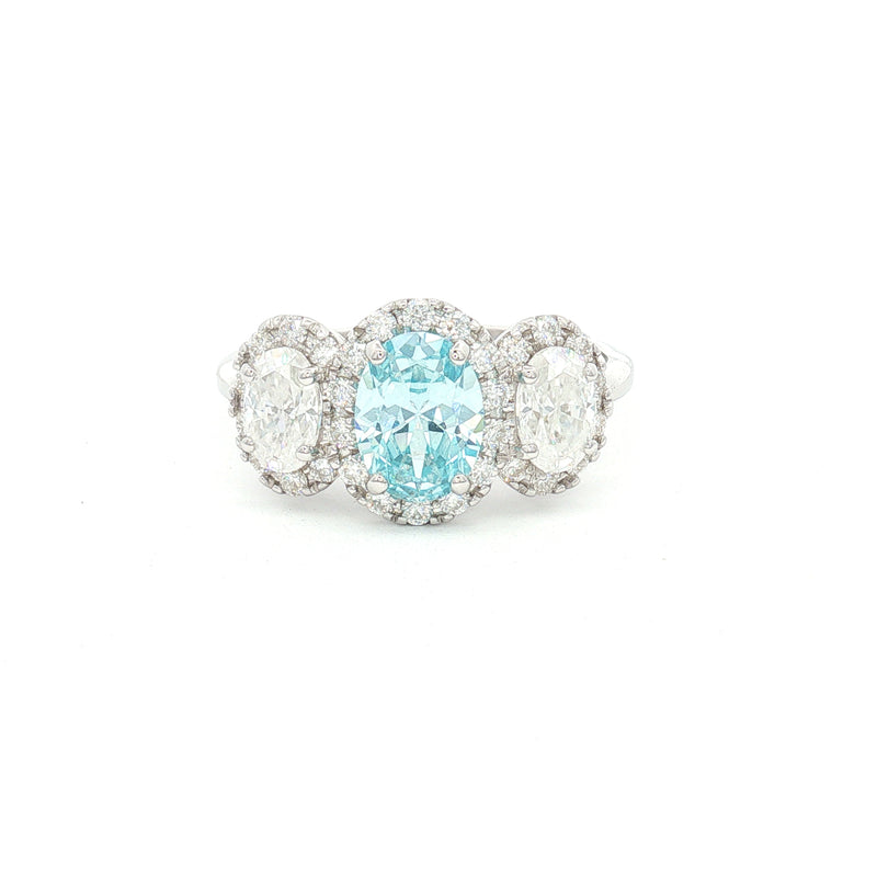 Three Stone Oval Halo Ring Aqua Marine