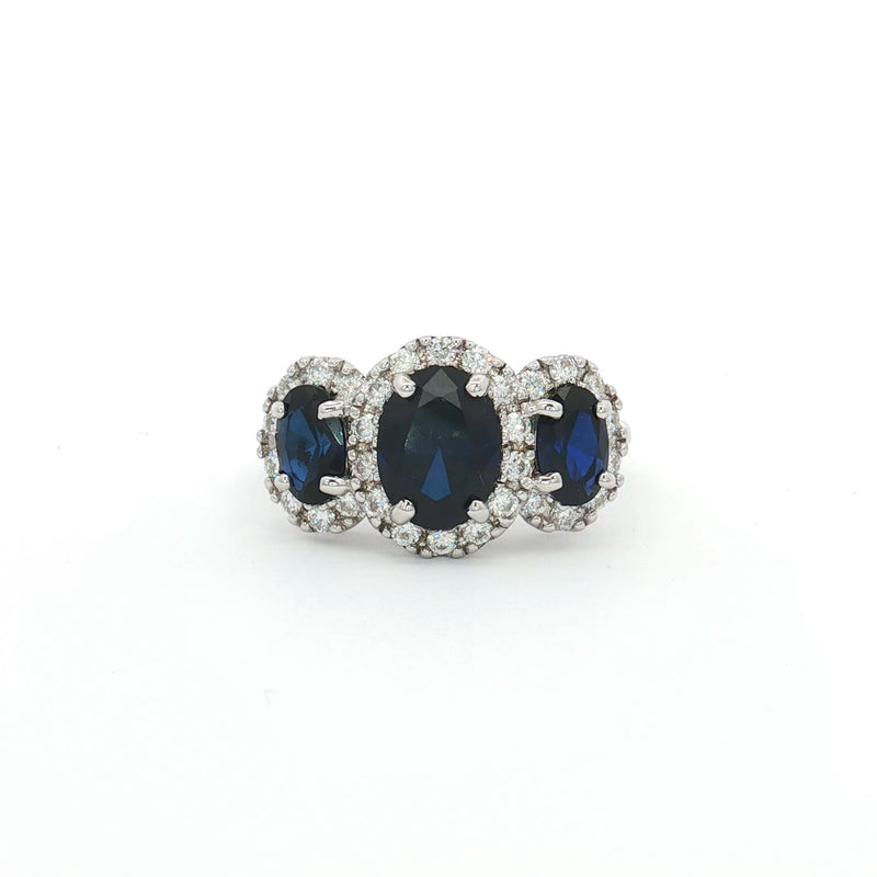 Three Stone Oval Halo Ring with Sapphires