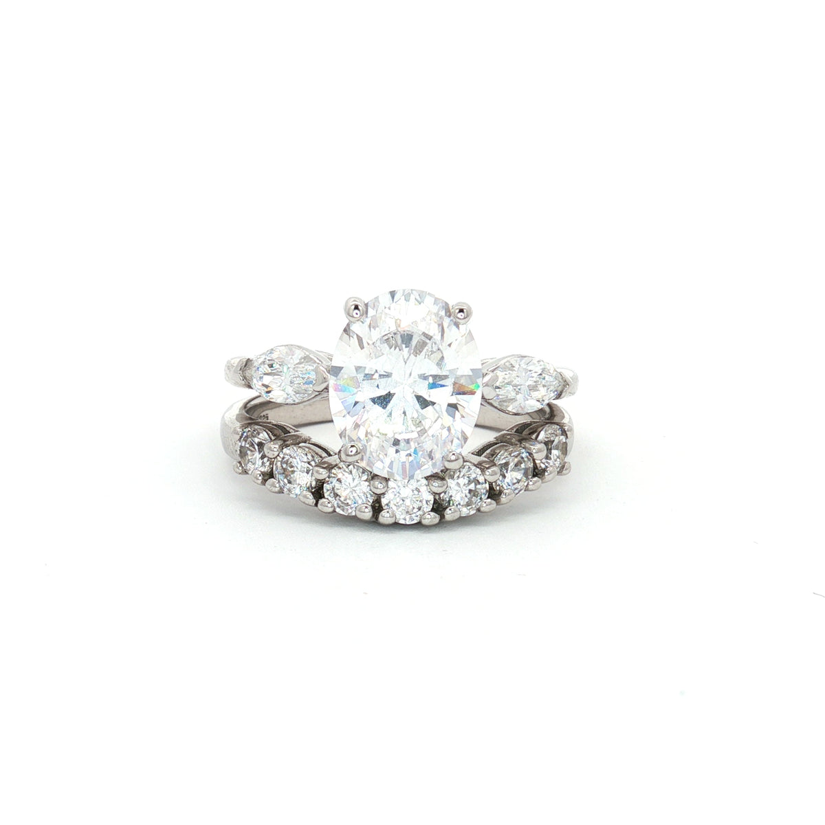 Oval Cut Ring with Marquise Side Stones and Seven Stone Curved Band