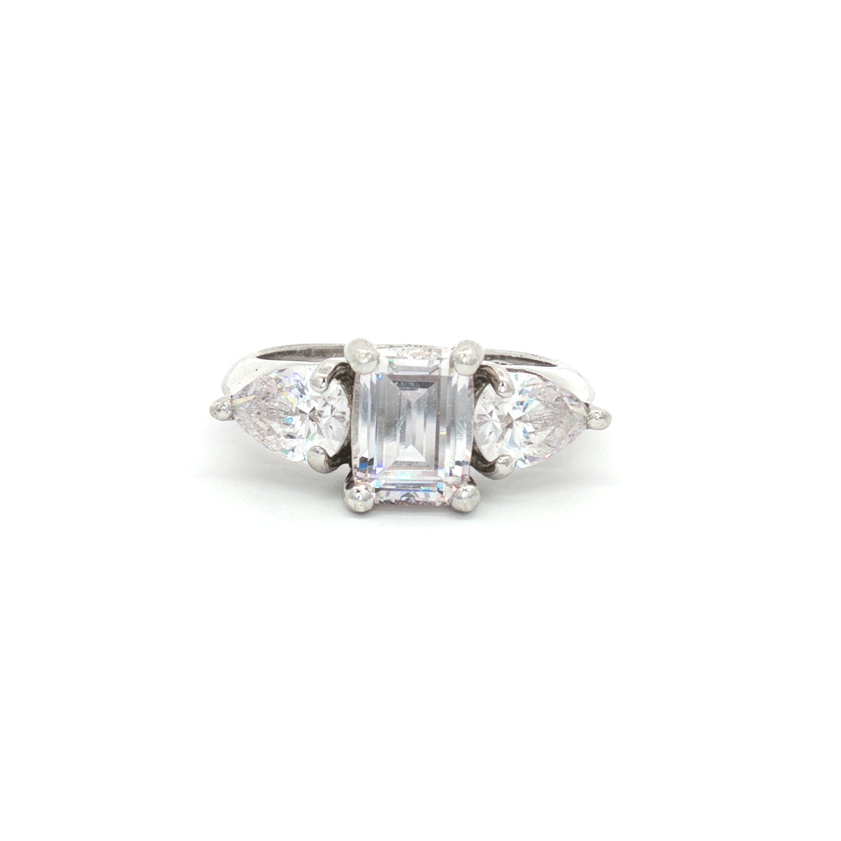 Emerald Cut Three Stone Ring with Pear Side Stones
