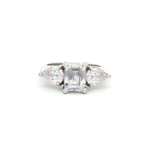 Emerald Cut Three Stone Ring with Pear Side Stones