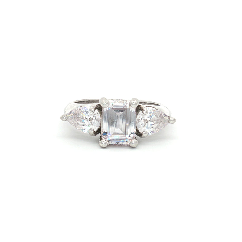 Emerald Cut Three Stone Ring with Pear Side Stones