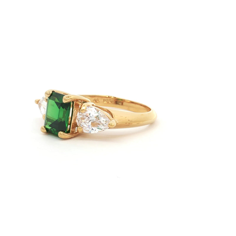 Emerald Cut Three Stone Ring with Pear Side Stones in Yellow Gold