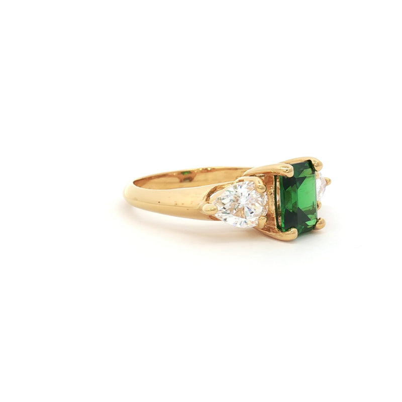Emerald Cut Three Stone Ring with Pear Side Stones in Yellow Gold