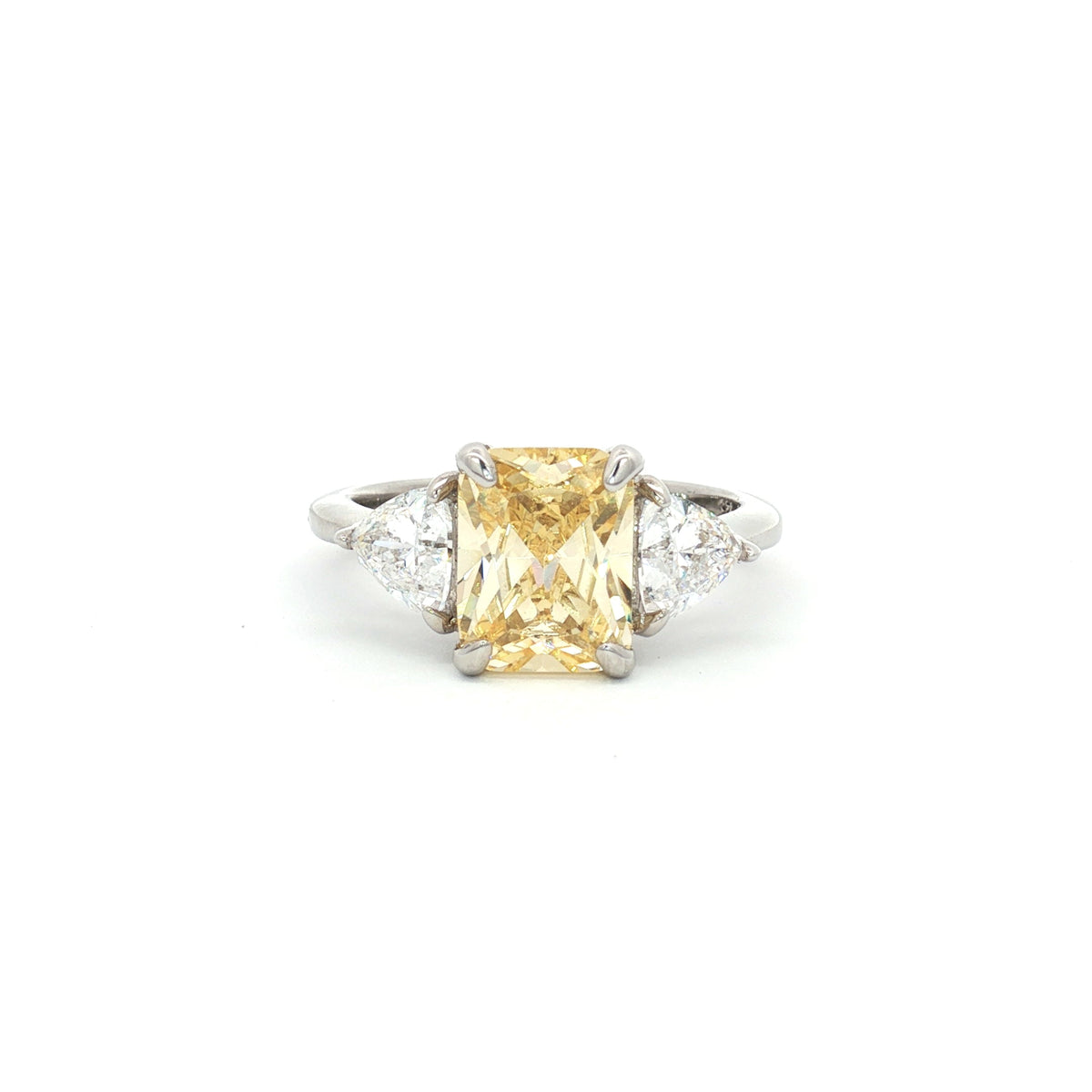 Emerald Cut Three Stone Ring with Pear Side Stones and Yellow Centre Stone