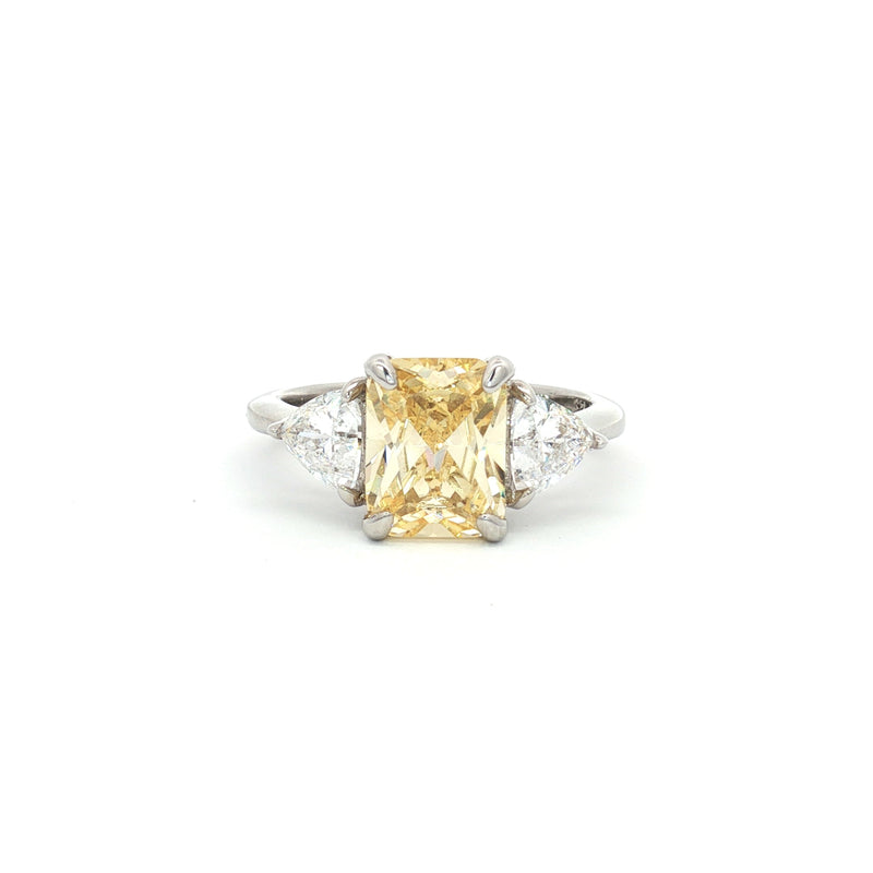 Emerald Cut Three Stone Ring with Pear Side Stones and Yellow Centre Stone