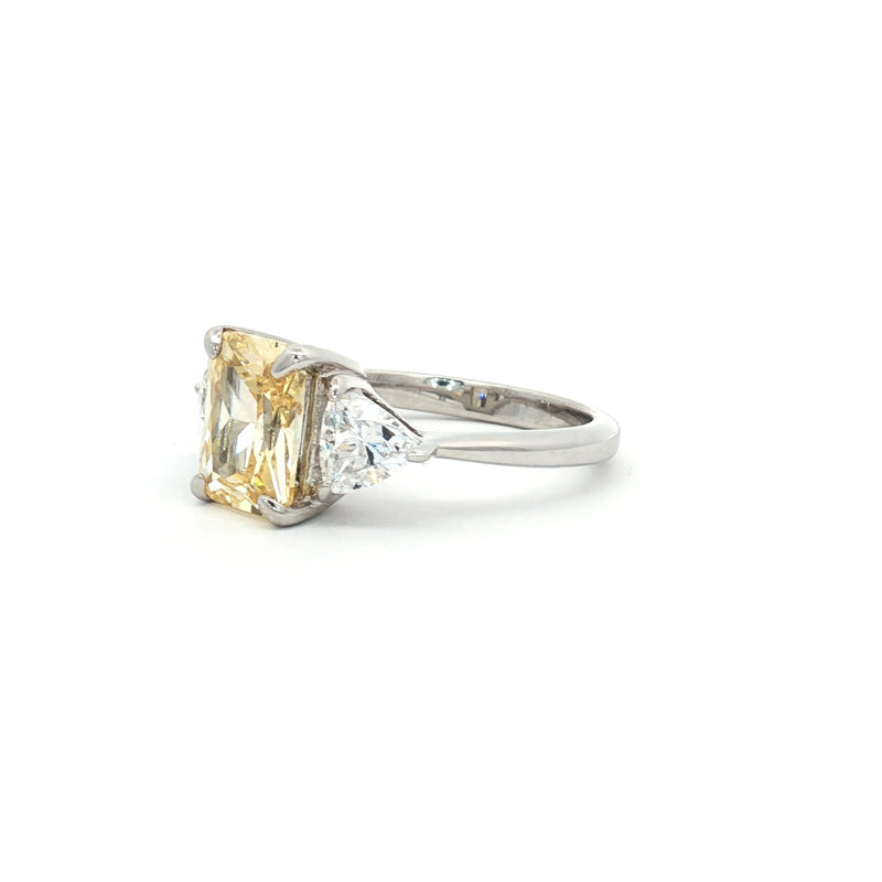 Emerald Cut Three Stone Ring with Pear Side Stones and Yellow Centre Stone