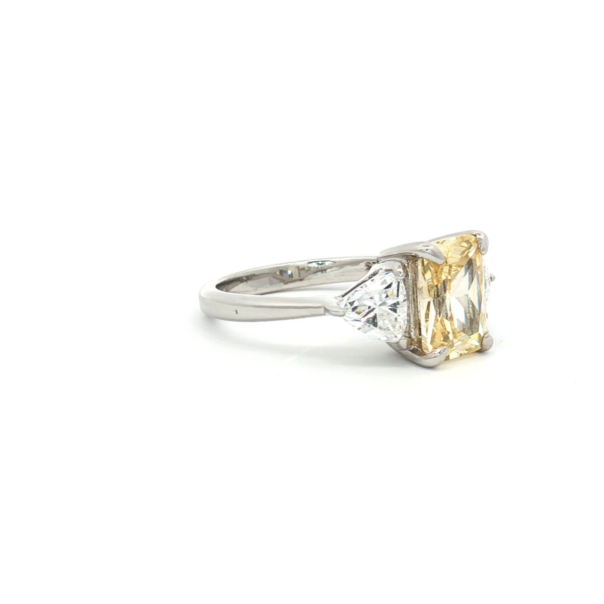 Emerald Cut Three Stone Ring with Pear Side Stones and Yellow Centre Stone