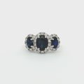 Three Stone Oval Halo Ring with Sapphires
