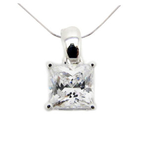 Princess 2 carat (5.5x5.5mm) Diamond Simulant 4 Prong Plain Clasp Pendant in Silver with White Gold Plating by Desert Diamonds